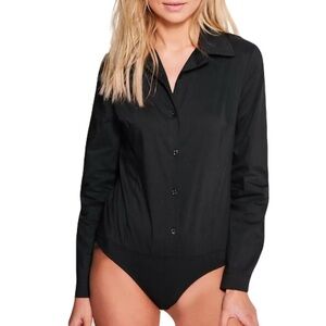 Moda International Black Bodysuit Collar Button Down